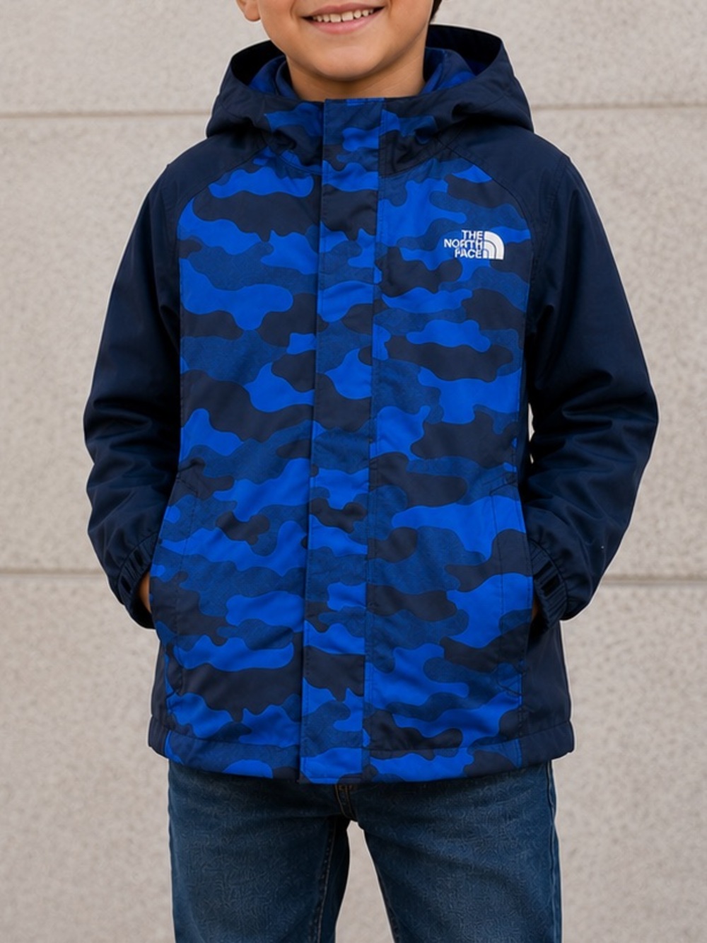The North Face Blue Camo Hooded Jacket size 6